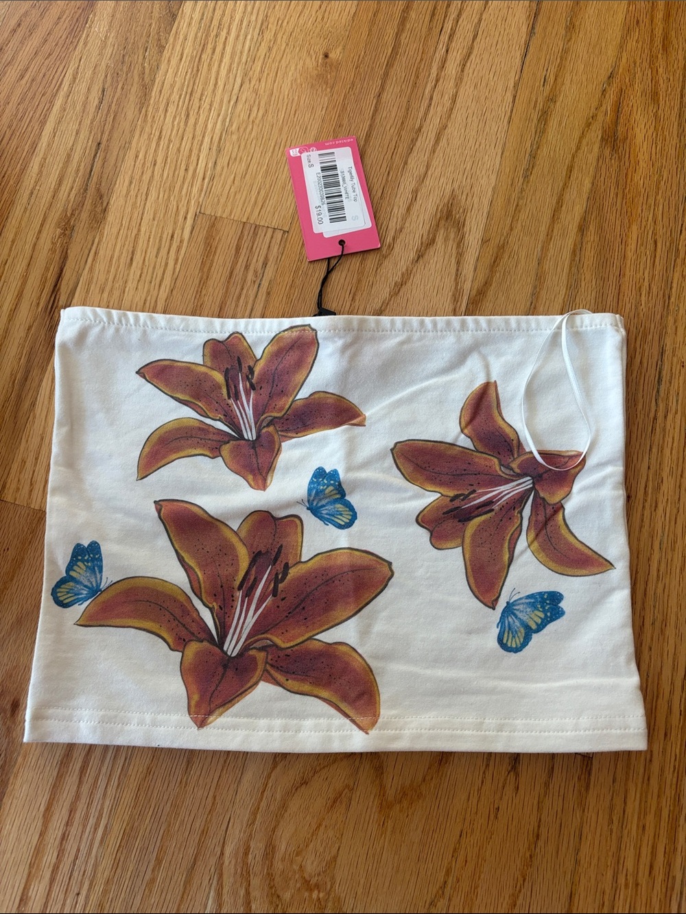 Edikted White Floral Tube Top with Brown Lilies and Blue Butterflies NWT